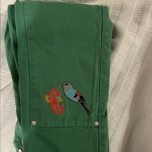 Mechali Mens Baggy Carpenter Jeans Green Tool Loop Crop Bird Embroidery XS (28)